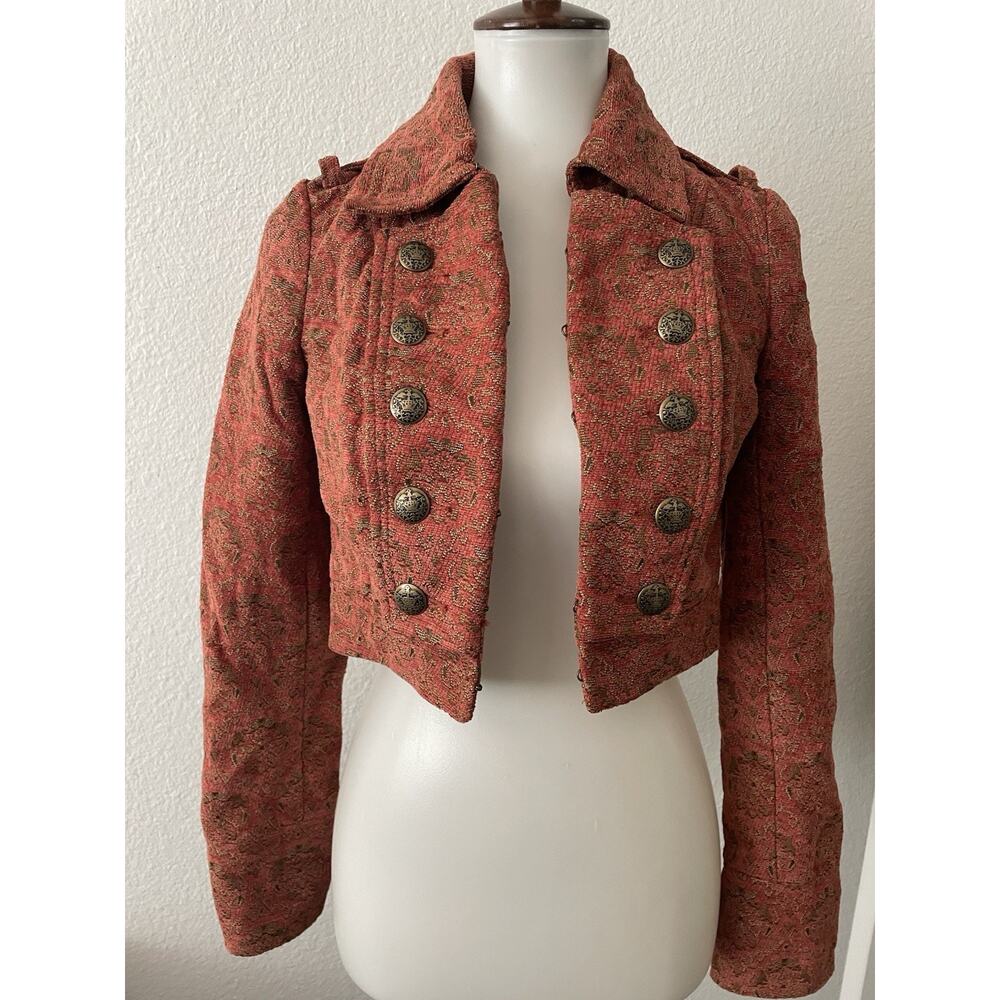 Free People Blazer Jacket Cropped Shrunken Military Tapestry Jacquard